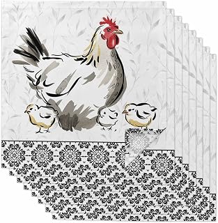 Chicken Cloth Napkins Washable Set of 8, 20 x 20 Inch Farmhouse Country Animal Black Flower Leaf Reusable Dinner Table Napkins Cloth Bulk for Weddings Kitchen Restaurants Hotel Events Parties