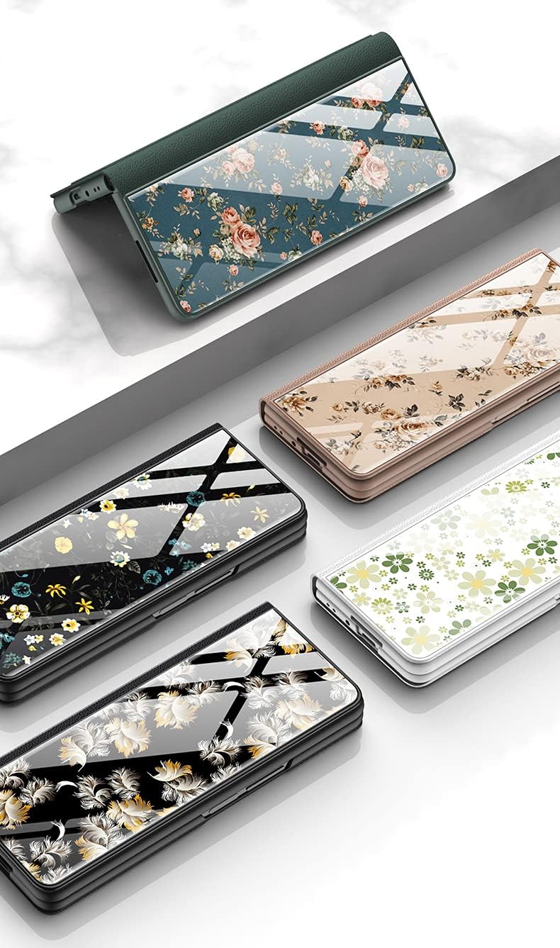 SHIEID Galaxy Z Fold 3 5G Case Leather Cover, [Leather + 9H Tempered Glass] Outer Screen Back Protector Cover with Kickstand Phone Case Compatible with Samsung Galaxy Z Fold 3 5G, Flower 6