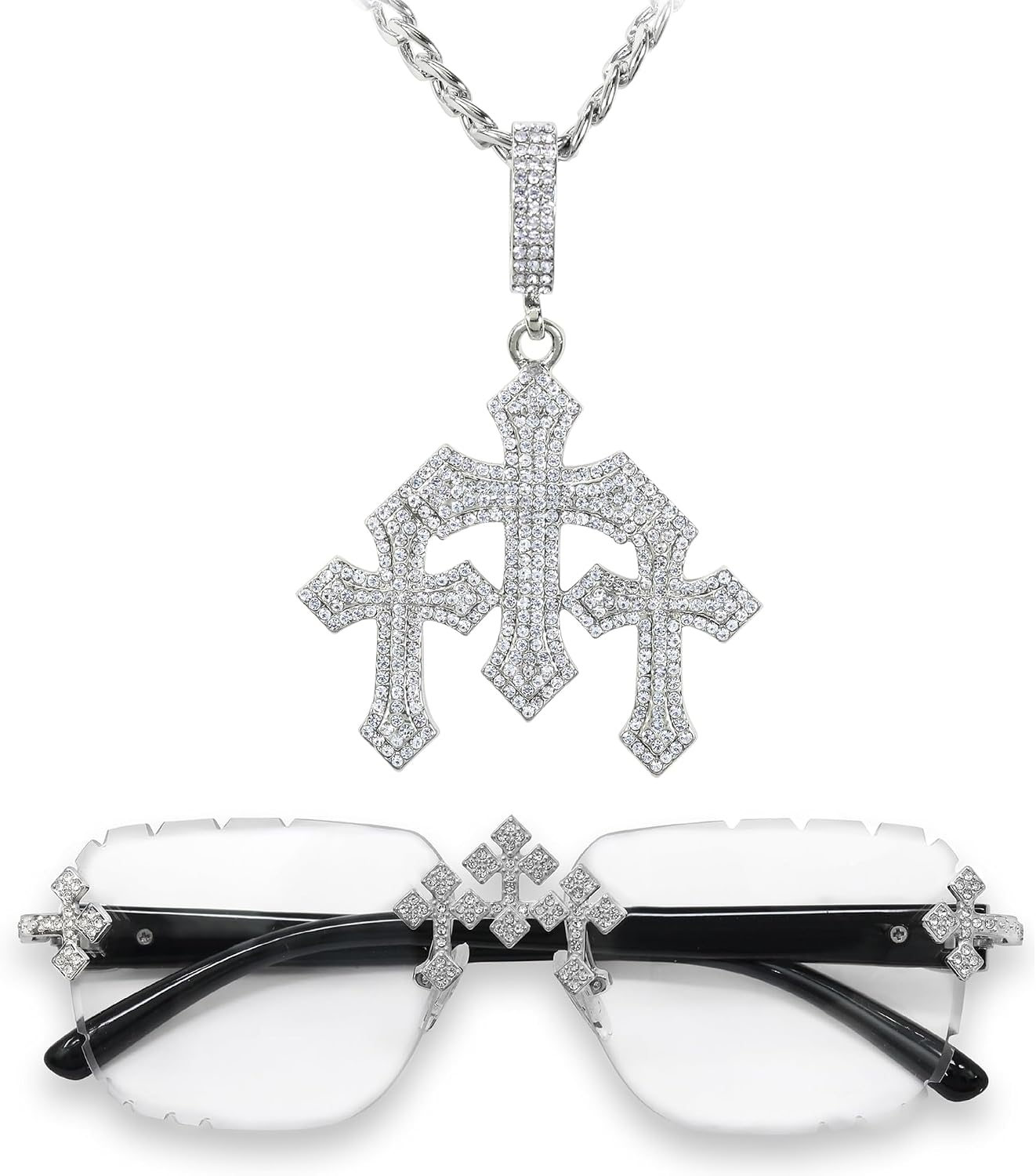 Men’s Iced-Out Triple Cross Set – Frameless Sunglasses with Matching Necklace, Luxury Gift for Him