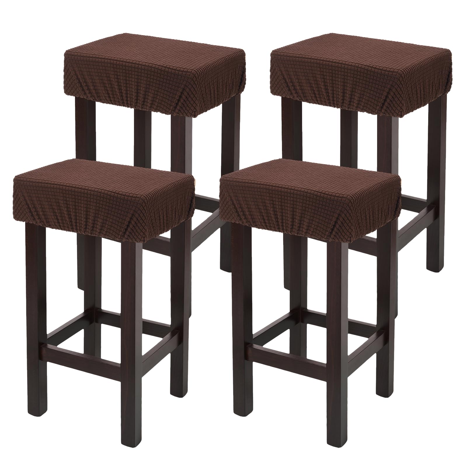 sourcing map 4 Pcs Seat Covers for Dining Chairs, Bar Stool Covers Stretch Chair Seat Protector Waterproof Saddle Stools Slipcover with Elastic Band for Kitchen Bar, Textured Fleece Dark Brown