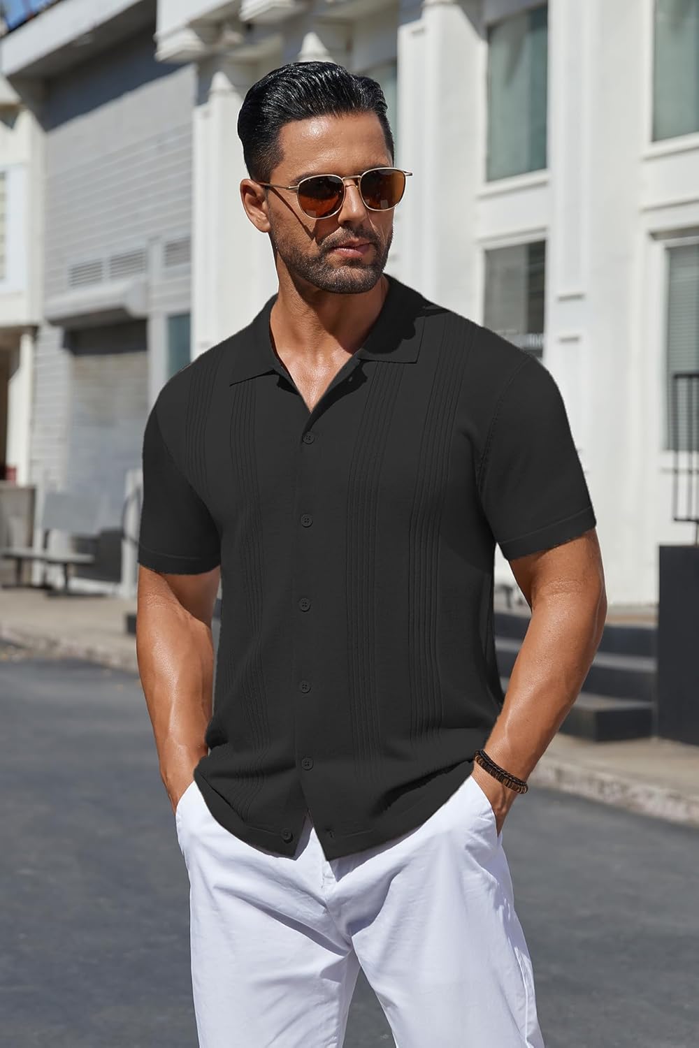 COOFANDY Men's Knit Shirt Short Sleeve Button Down Vintage Polo Shirts Casual Summer Beach Shirts - Image 2