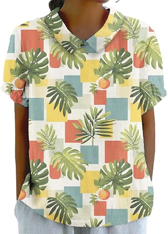 Summer Hawaiian Style Casual Shirts for Women Comfy Lightweight Short Sleeve Tee Flowy Collared Neck Trendy Top