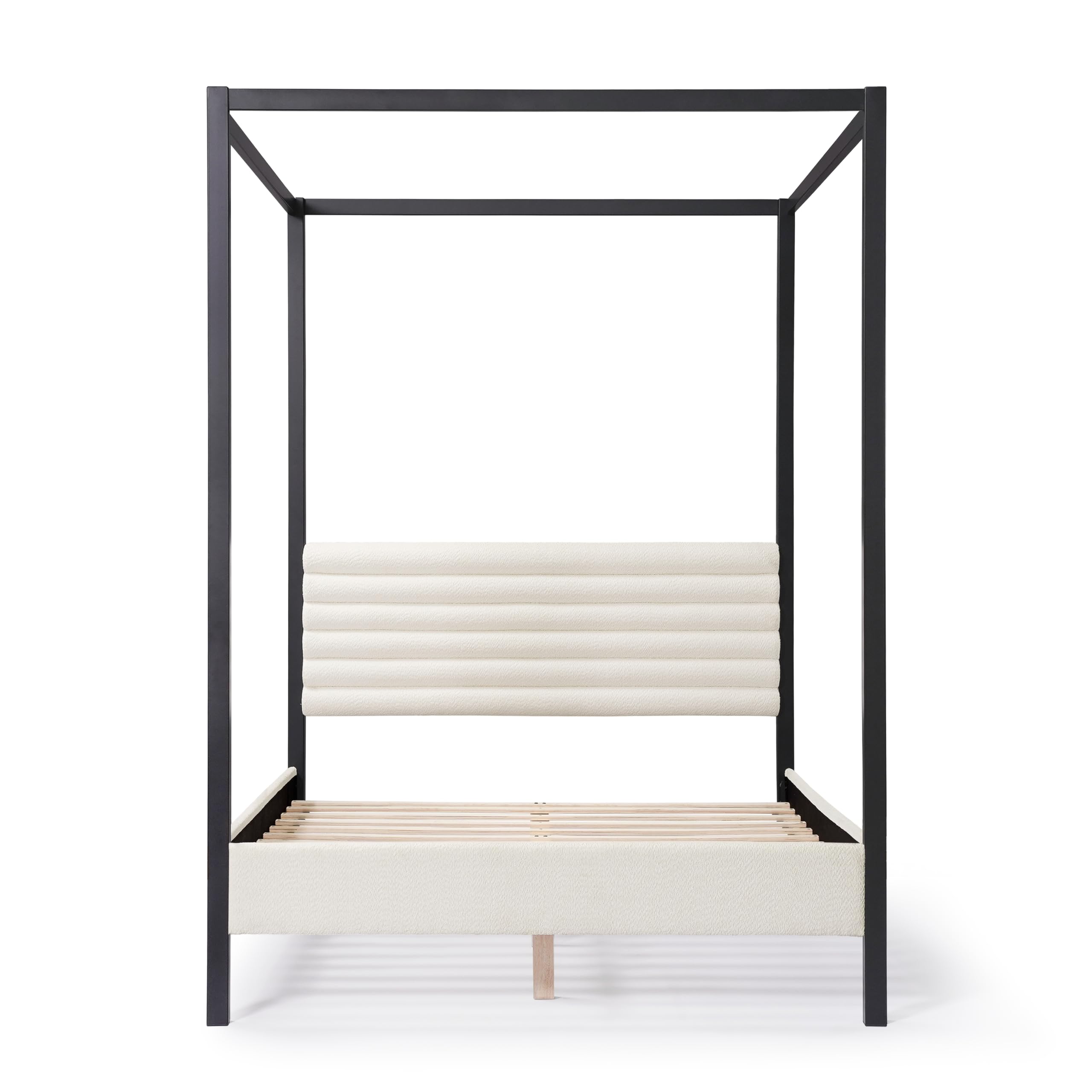 Evadne Modern Canopy Bed Frame Queen Size with Channel Upholstered Headboard and Wooden Slats Support for Bedroom, Guest Room, No Box Spring Needed, White