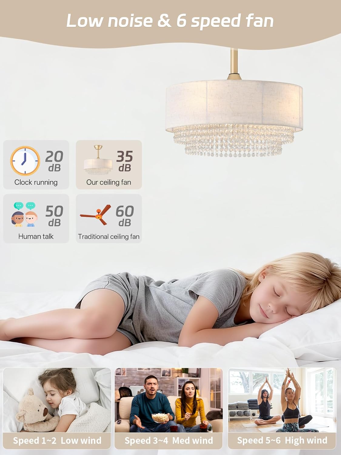 Boho Fandelier Ceiling Fan with Light, 20inch Bladeless Caged Chandelier Ceiling Fan with Lights for Bedroom, Living Room, Farmhouse Fandelier 6 Speed with Remote, Timing Adjustable Height