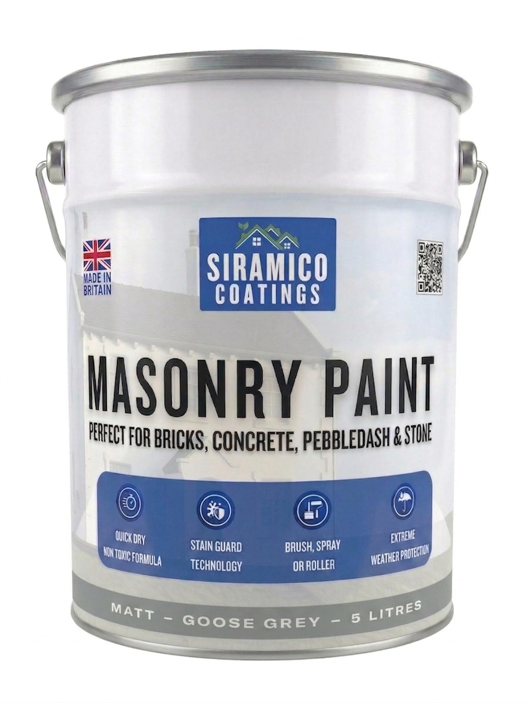 SIRAMICO COATINGS Masonry Paint | 5 Litres | Waterbased ECO Resin Technology | 7 Luxury Colours | Smooth Matt Finish for outdoor masonry protection | 10 Year Colour Guarantee (Goose Grey)