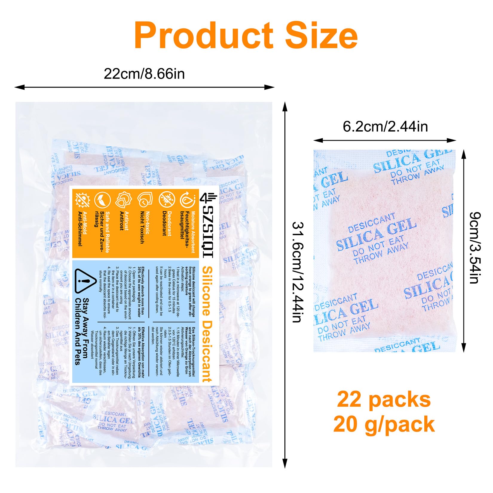 Bolsitas Antihumedad Silica Gel 20g x 22 Pcs, Indicador de Humedad Naranja a Verde para Almacenamiento de Ropa