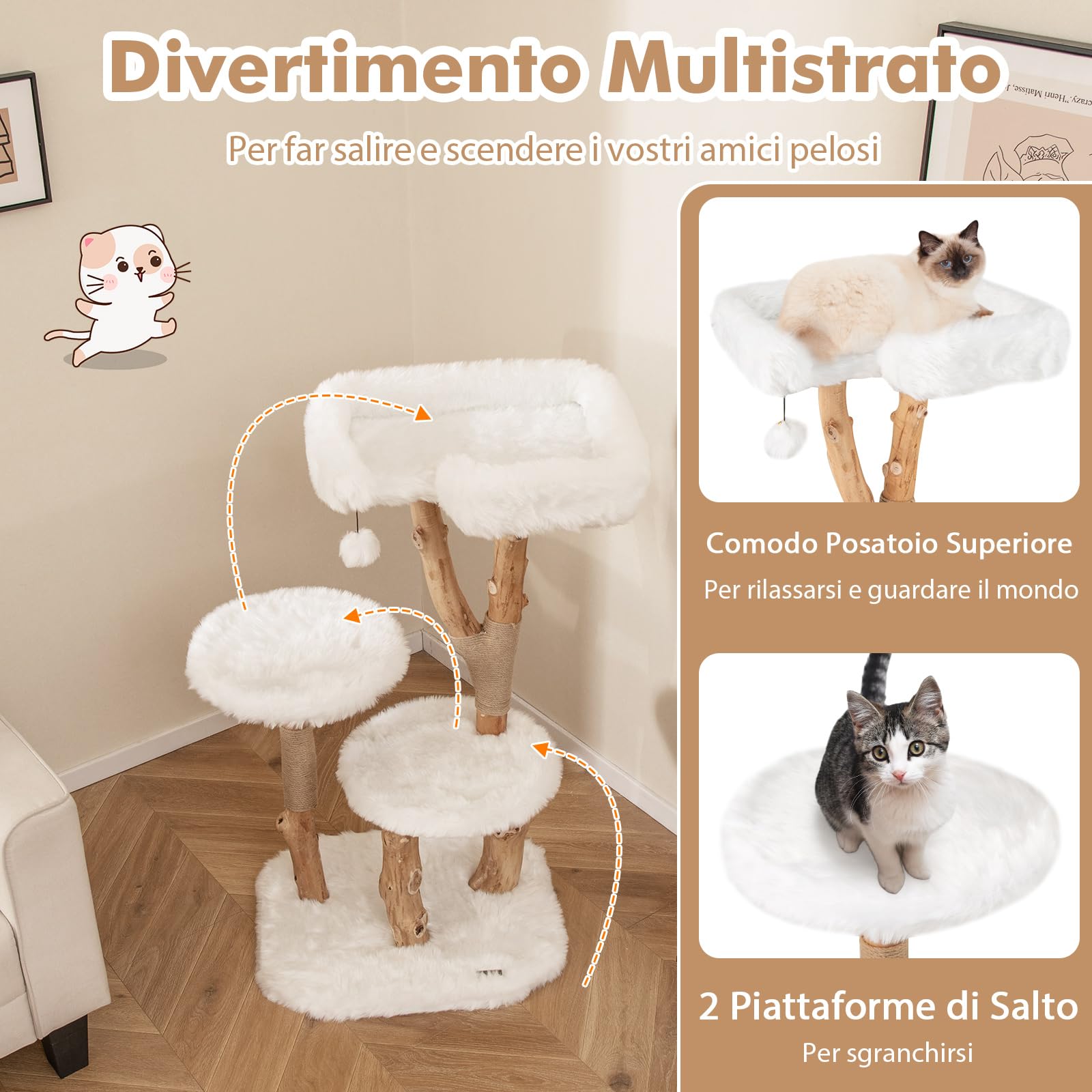 COSTWAY Tiragraffi in Legno 110cm con Pali in Corda di Juta Naturale