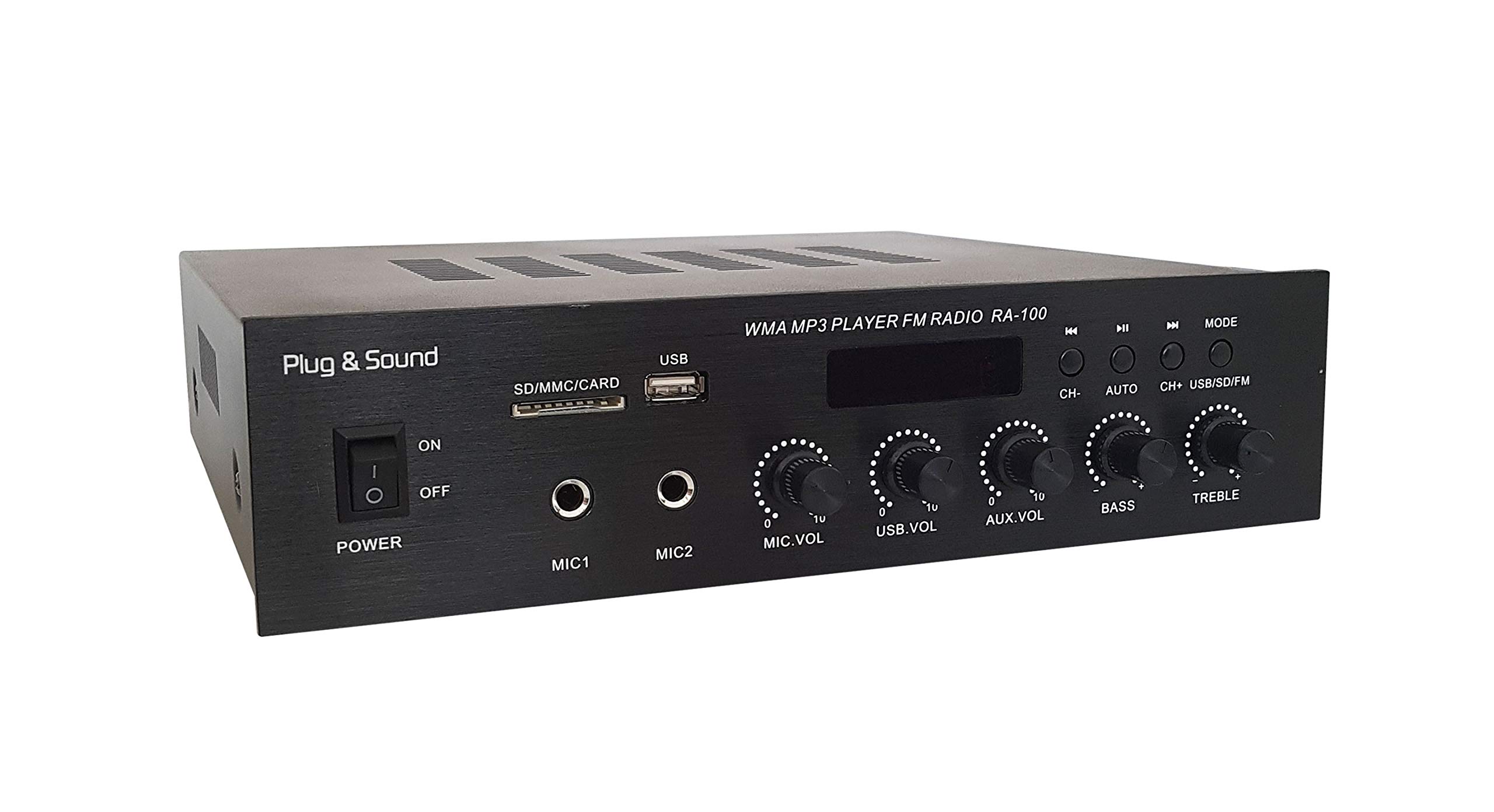 Amplificatore Mono PA RA-100 70W con Radio, USB/SD e Bluetooth – Ingressi RCA e Microfono – Regolazione Tono e Uscita 110V per Casse Acustiche