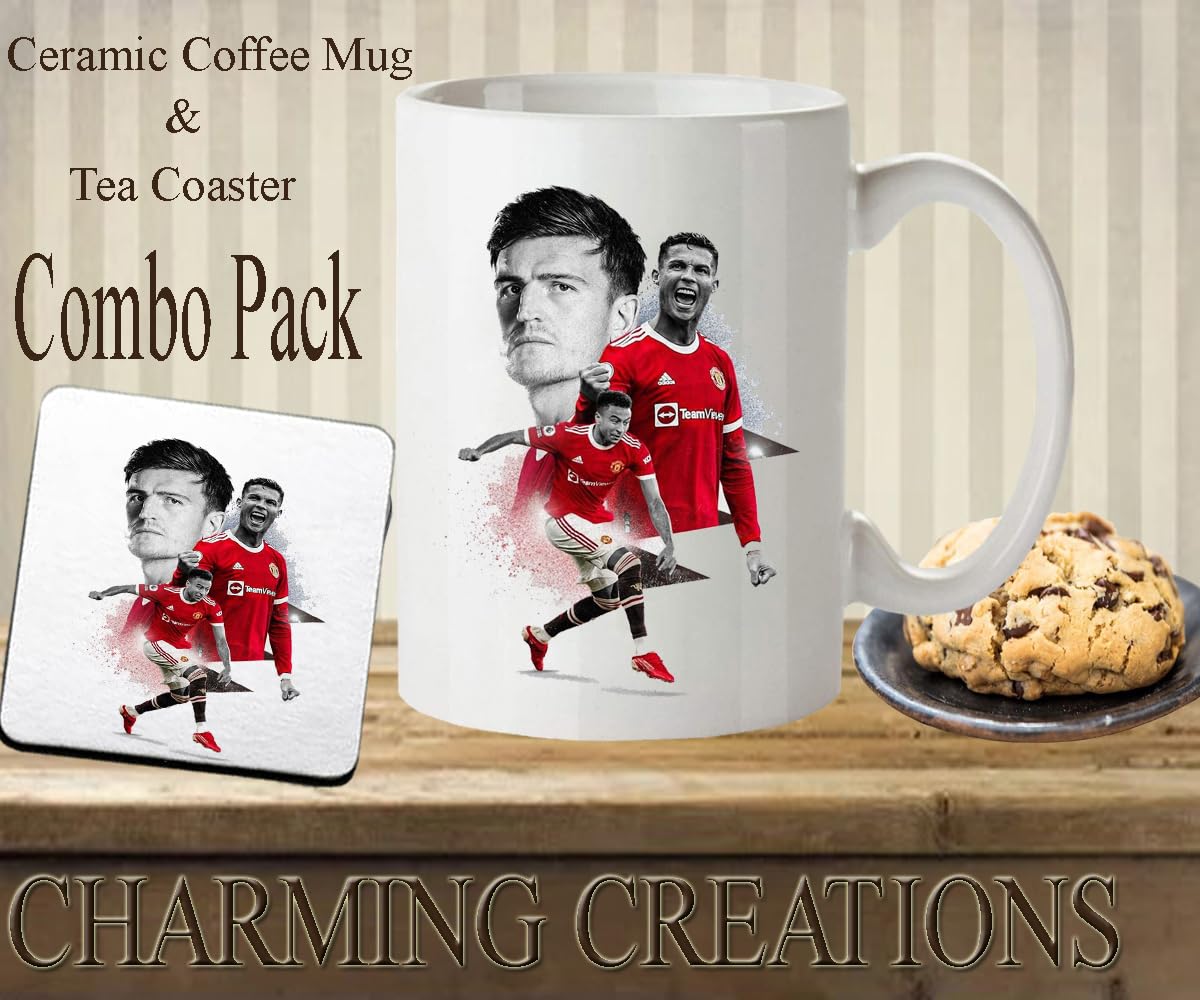 Charming Creations The Stars of Man UTD White Ceramic Coffee Mug with Tea Coaster-Coffee, Tea Mug, 330 ml. (White, Combo Pack) 1