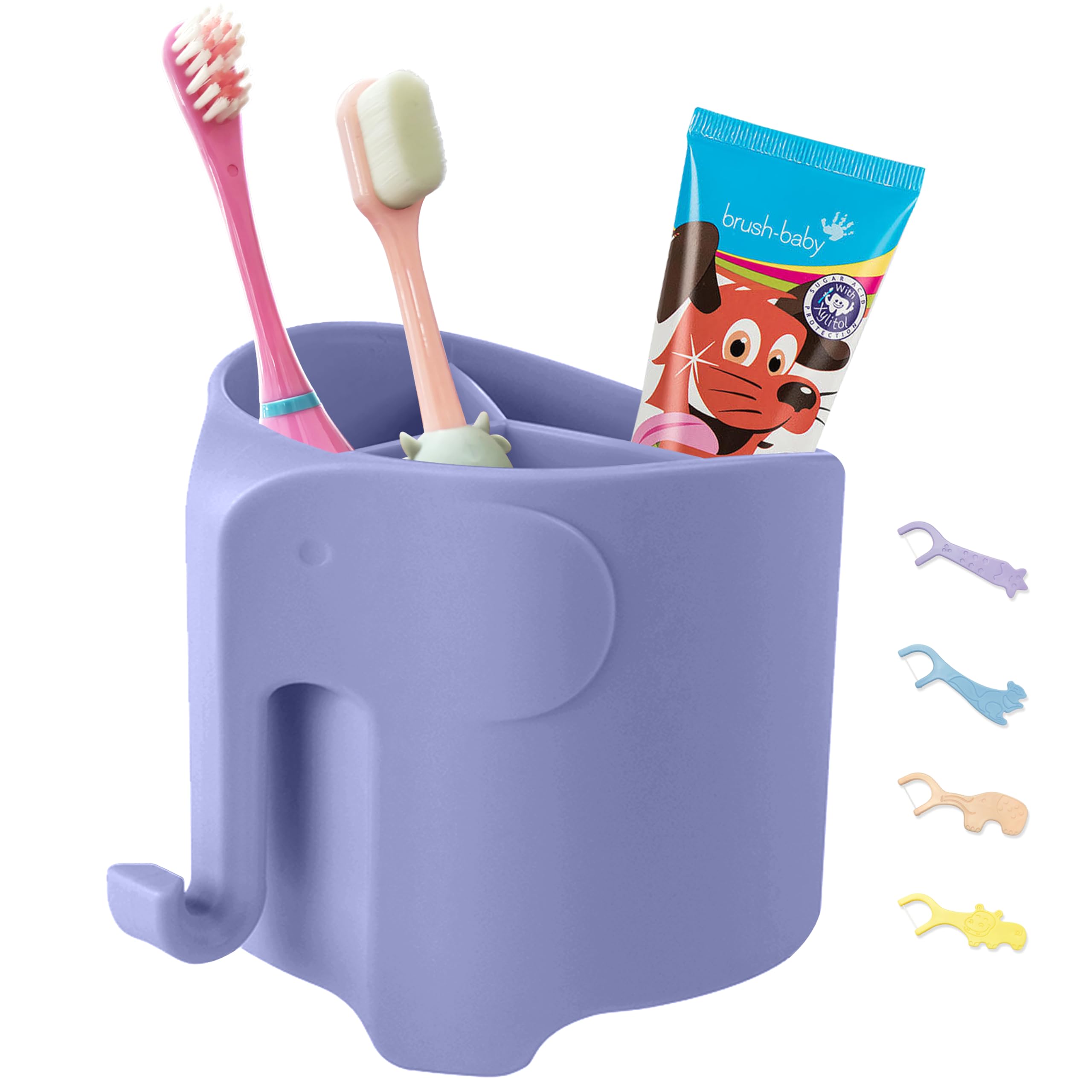 Hippywell Elephant Kids Toothbrush Holder for Bathroom, Suction Cup Electric Toothbrush and Toothpaste Holder for Toddler, 3 Slots with Hanging Towels or Bath Ball, Rapid Drying Sink, Purple