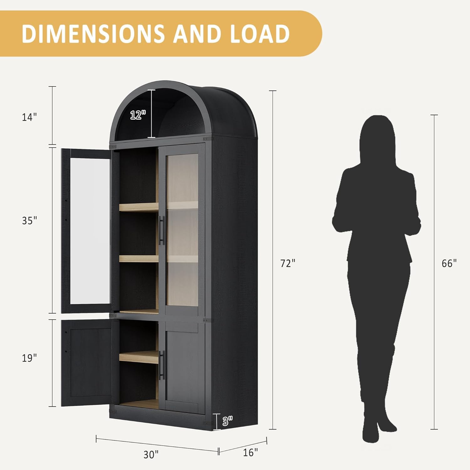 Modern 71.6" Kitchen Pantry Cabinet with Doors & Arch Design - 5-Tier Fluted Wood Storage Organizer, Bookshelf for Dining Room, Living Room
