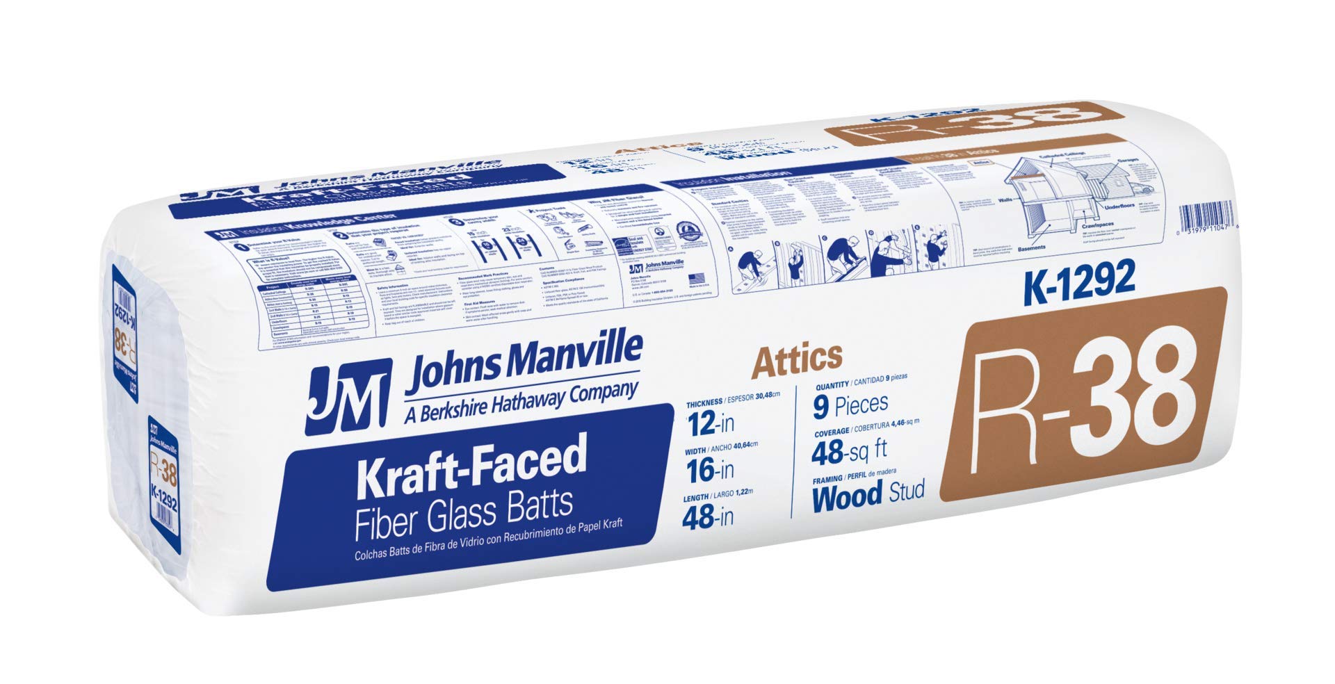 Johns Manville 331 SQFT 8 Bags of R 38 Kraft Faced 15 by 48 High Density Fiberglass Fits 2X10 attic