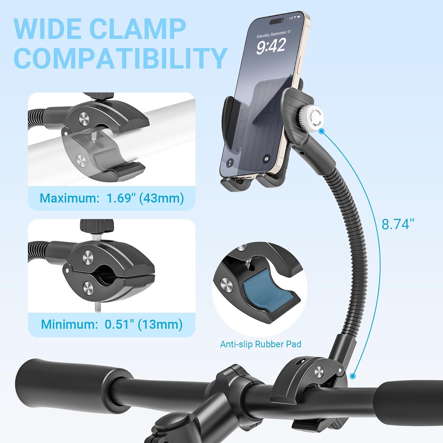 Bike Phone Mount, 360° Adjustable Gooseneck Universal Handlebar Phone Holder, Tool-Free Installation for Bicycle Scooter Stroller Wheelchair, Fit for iPhone 16 Pro Max/15/14/13 & 4-7" Phone