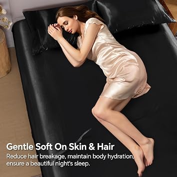 BEDELITE Satin Fitted Sheet Queen Size with Elastic Corner Straps, Black