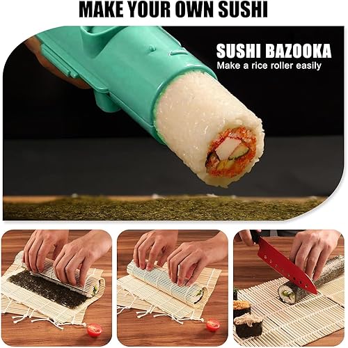 Vista 17 de Kit de fabricación de sushi para principiantes, kit de rodillo de sushi de 22 piezas con tapete de bambú para sushi, bazuca de sushi, cuchillo