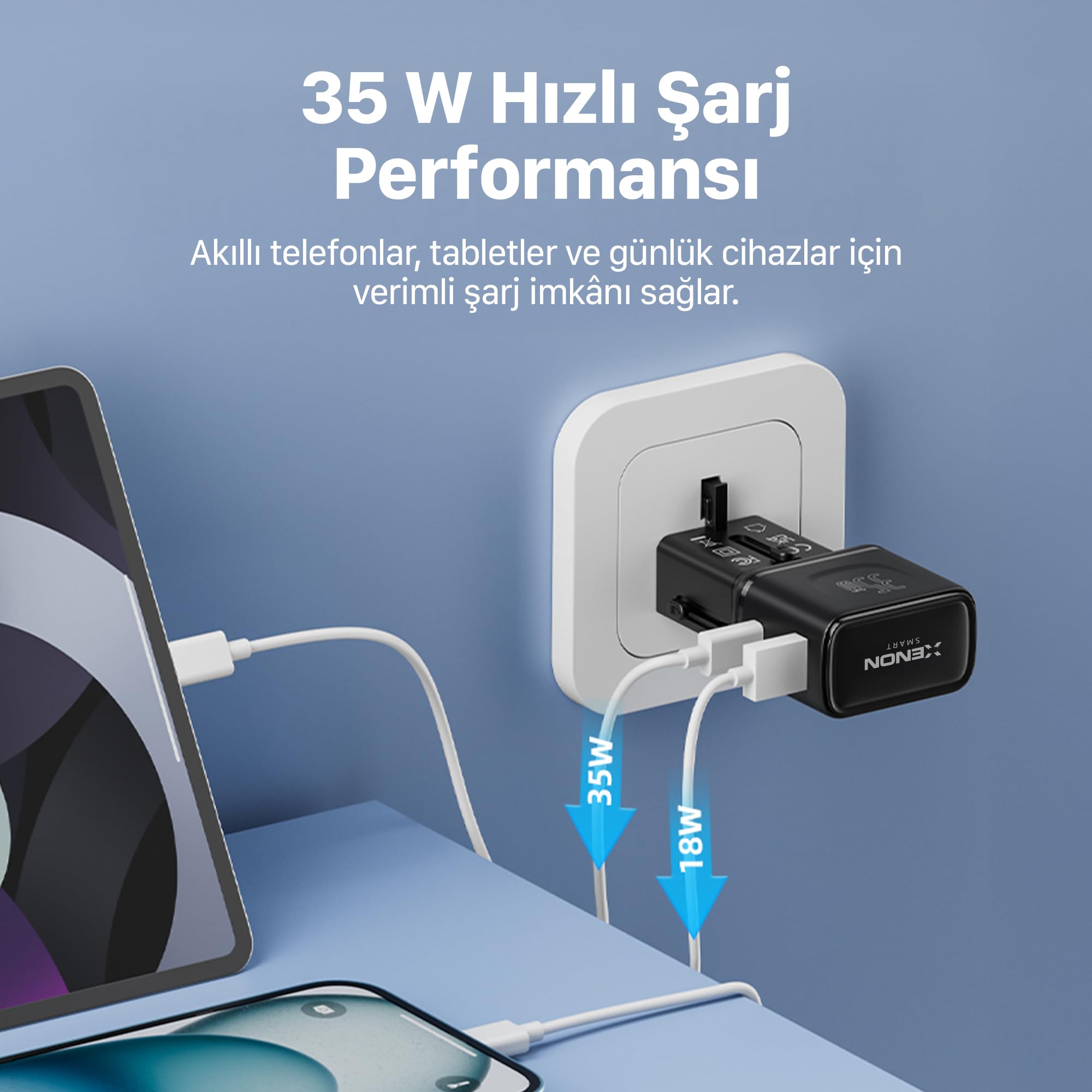 Xenon Smart Priz Dönüştürücü | 35W GaN Hızlı Şarj 200+ Ülke USB-C & USB-A PD PPS Seyahat Adaptörü X6407