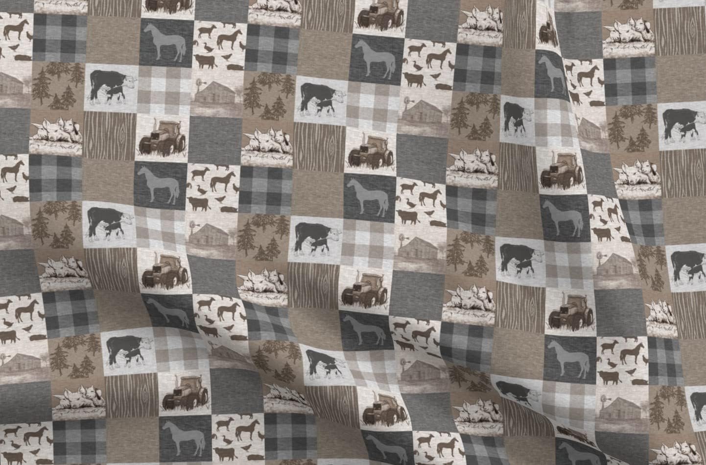 Spoonflower Fabric - Old Farm Quilt Soft Brown Grey Cows Tractor Printed on Petal Signature Cotton Fabric by The Yard - Sewing Quilting Apparel Crafts Decor