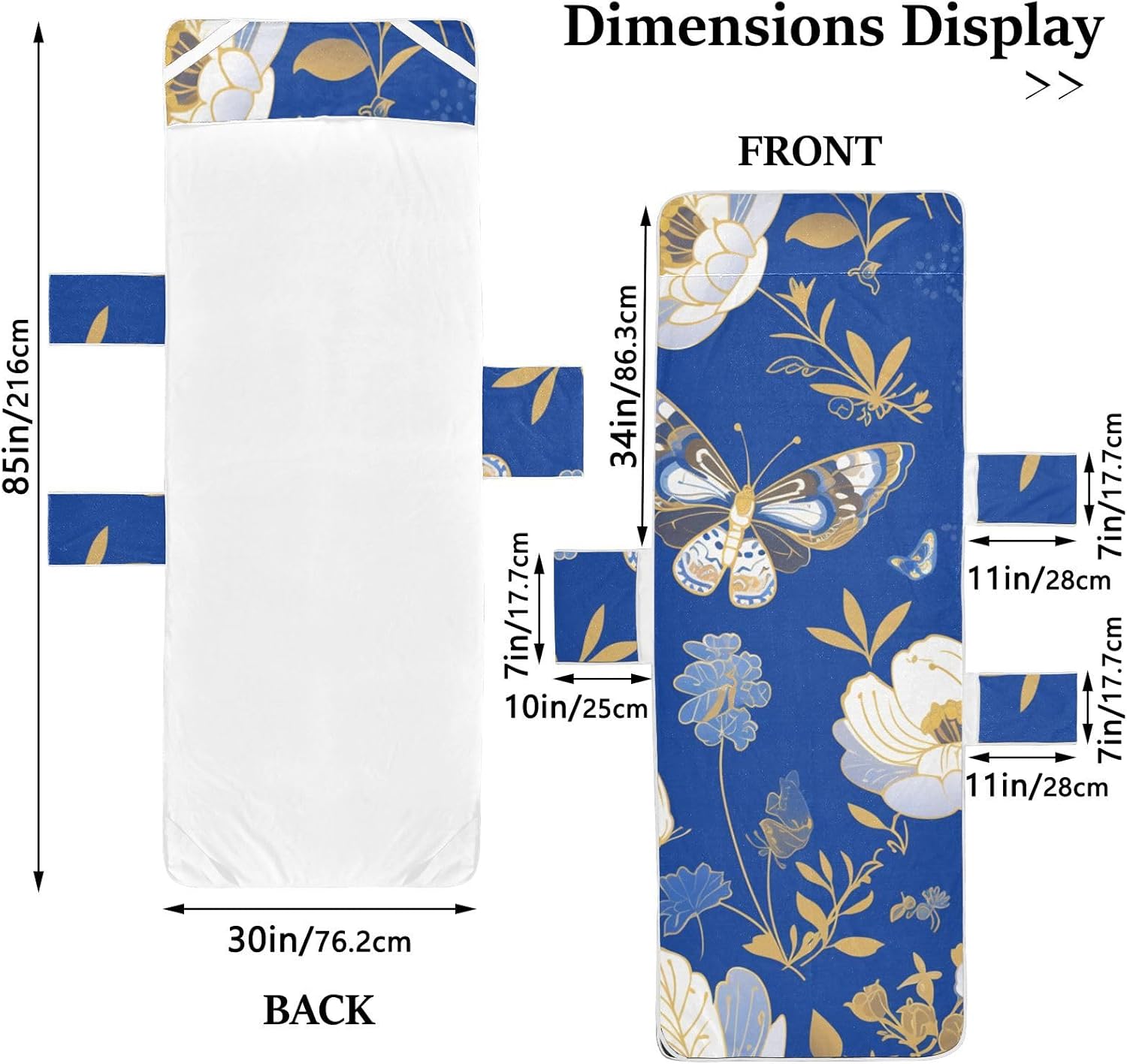 Blue and White Butterfly Flowers Patio Chaise Lounge Chair Cover Heavy Duty Patio Furniture Covers with Pockets for Outdoor Pool Beach Sunbathing, 85" X 30"