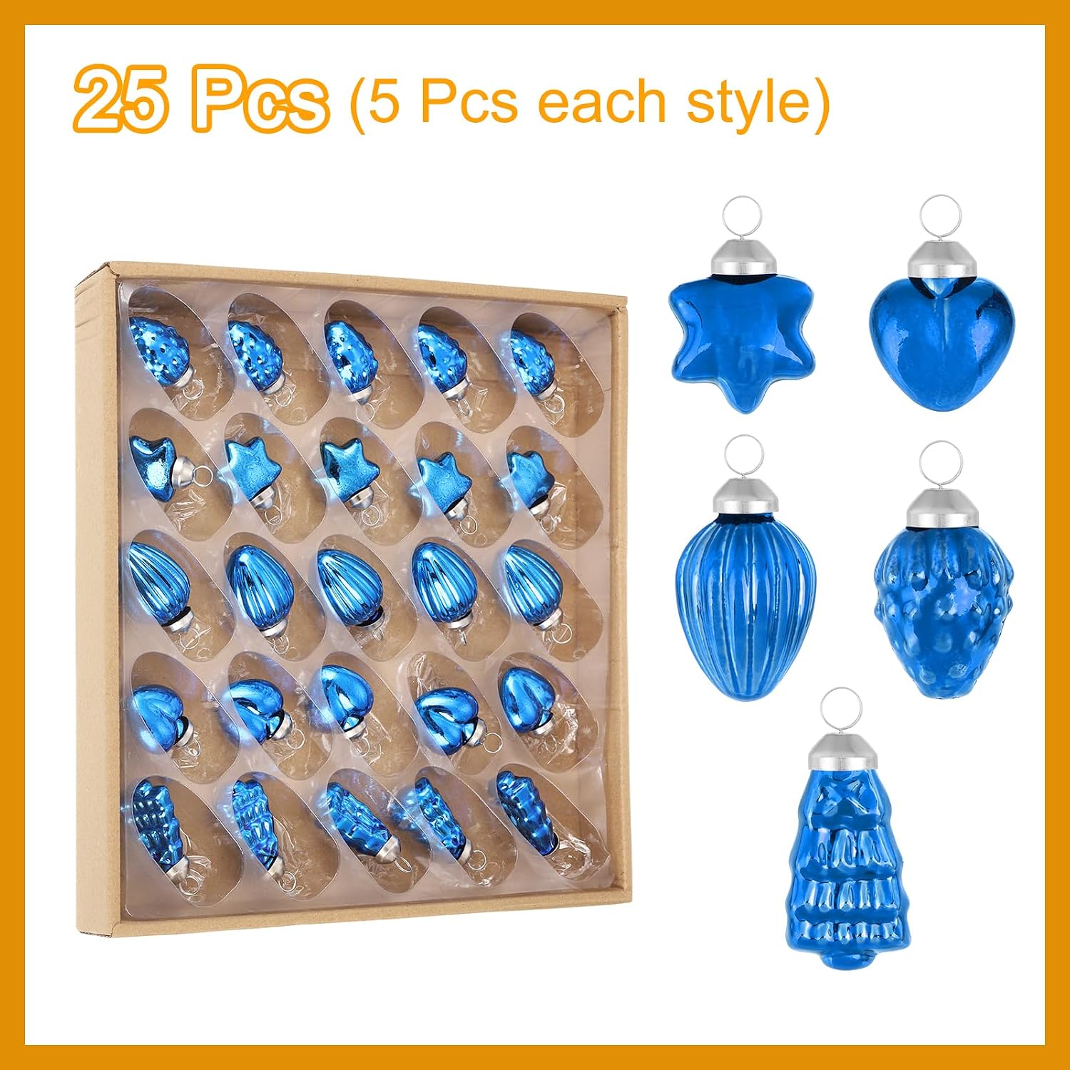 MECCANIXITY 25Pcs Glass Christmas Ornaments Blue Christmas Tree Decorations 1-1.5inch Vintage Christmas Tree Ornaments for Christmas Tree, Halloween, Event and Wedding