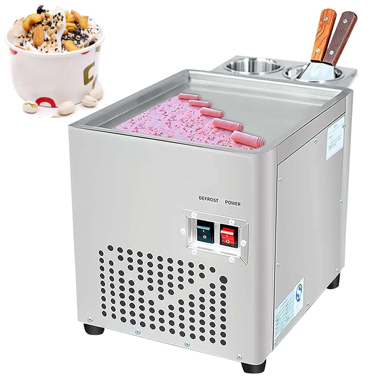 Máquina Comercial para Hacer Helados enrollados, Máquina para freír en sartén de un Solo Cuadrado, Máquina para Hacer Rollos de Helado salteados de Acero Inoxidable