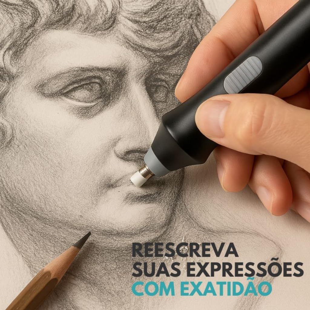 Kit Borracha Elétrica 25 Peças Portátil com Design Ergonômico – Ideal para Desenhos Técnicos, Esboços Artísticos, Escrita e Correções Precisas, Leve e de Fácil Uso Á Pilha Preto Premium Kit Borracha Elétrica 25 Peças Portátil com Design Ergonômico – Ideal para Desenhos Técnicos, Esboços Artísticos, Escrita e Correções Precisas, Leve e de Fácil Uso Á Pilha Preto Premium