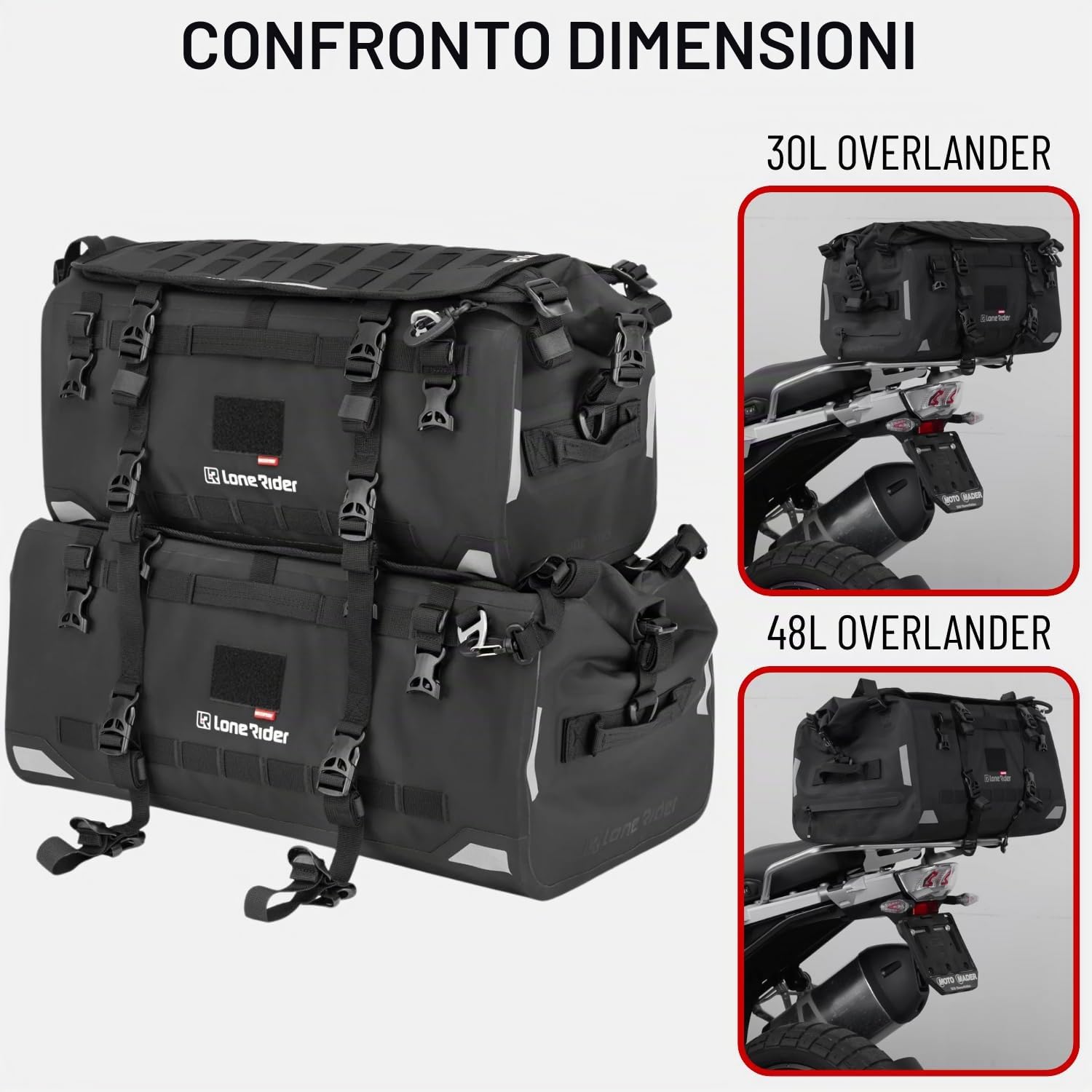 Lone Rider Overlander 30L Borsa Moto Impermeabile, Borsone Posteriore Espandibile per Portapacchi con Sistema MOLLE, Vano Portaoggetti Beavertail e Chiusura Arrotolabile