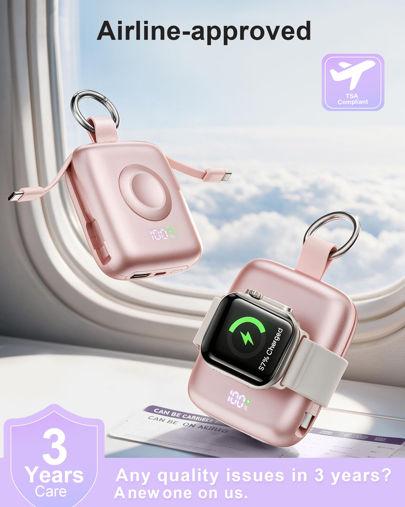 Chargeur portable, 10 000 mAh, 22,5 W maximum, charge rapide avec câbles intégrés, porte-clés de voyage pour iPhone 17/16/15/14/13/12 et iWatch Ultra/11/10/9/8/7/6/5, rose