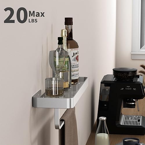 Miniatura 4 de Danpoo Estante de baño flotante de 16 pulgadas de largo con toallero, estante de pared de vidrio templado transparente con soporte para toalla de