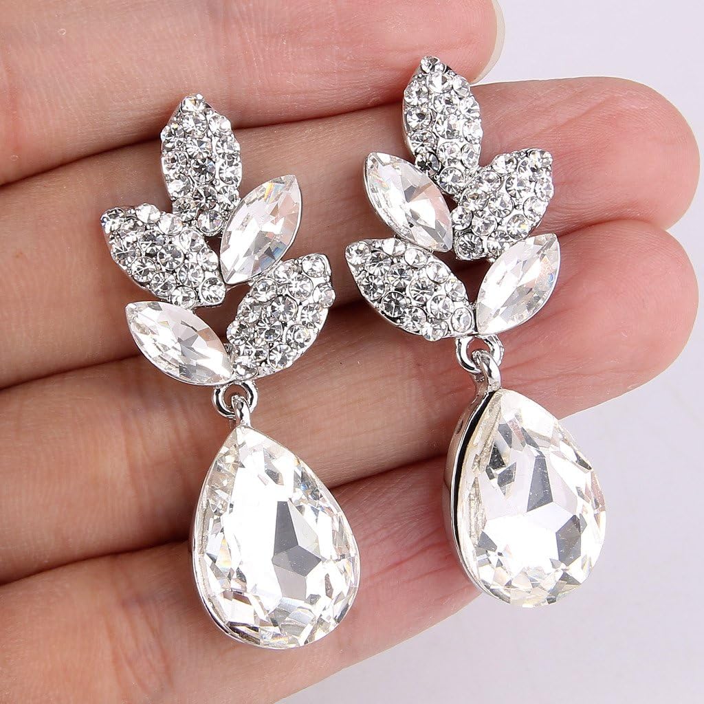 EVER FAITH Rhinestone Crystal Wedding Leaf Teardrop Pierced Dangle Earrings Silver-Tone - Image 5