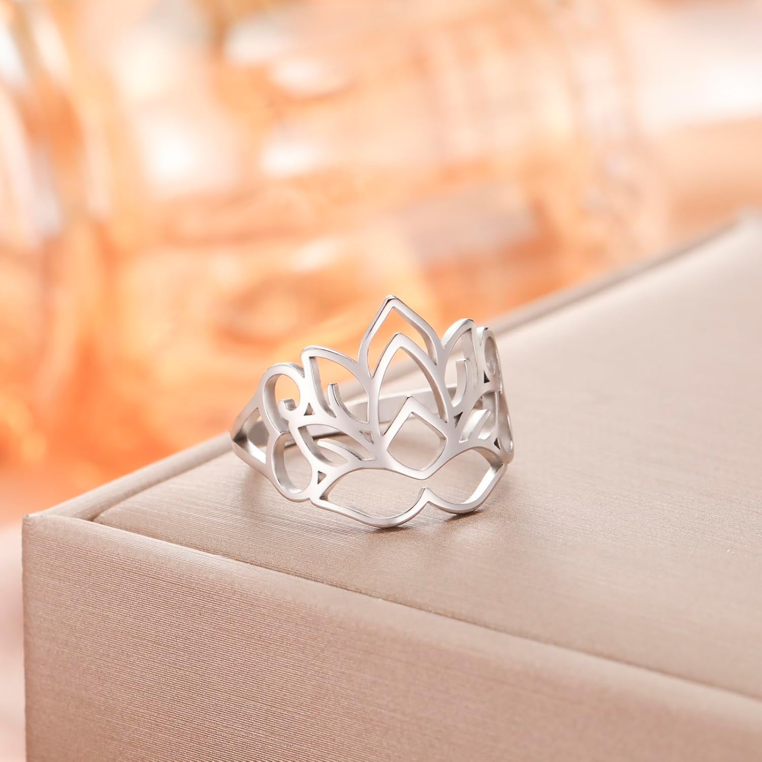 TEAMER Lotus Flower Ring Stainless Steel Filigree Lotus Ring Geometric Yoga Meditation Ring Inspirational Jewelry for Women - Image 4