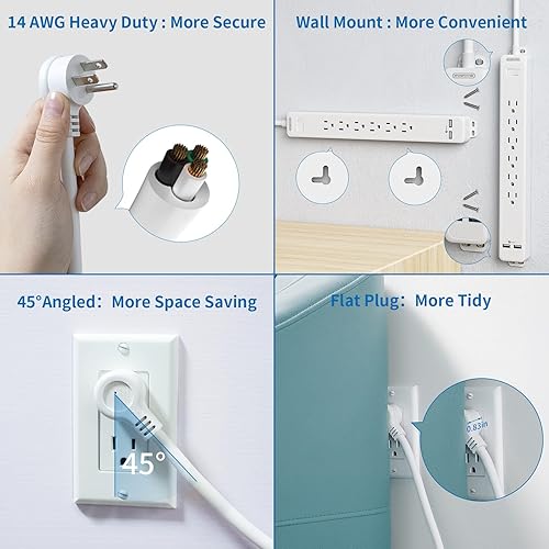 Miniatura 5 de NTONPOWER - Cable de extensión de 25 pies, cable largo para protección contra sobretensiones, 6 tomacorrientes, 2 USB, disyuntor de 1875 W15 A, 1080