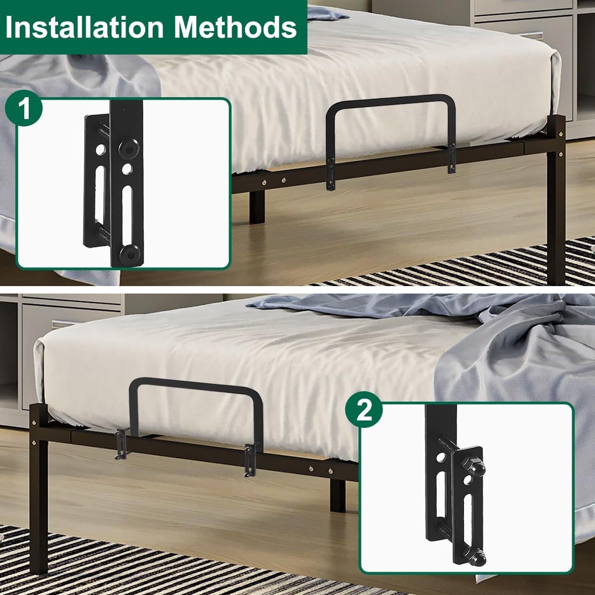 4-Piece Mattress Holder Set, Non-Slip Mattress Clamps, for Metal Bed Frames. Black Color