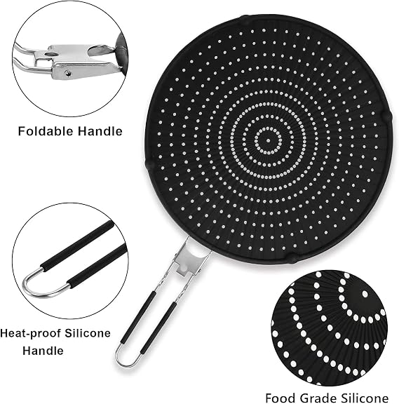 Frcctre 2 Pack Silicone Splatter Screen for Frying Pan, 13 Versatile Grease Splatter Guard with Foldable Handle, Food Grade Heat Resistant Oil Splash Guard, Cooling Mat, Drain Board for Cooking