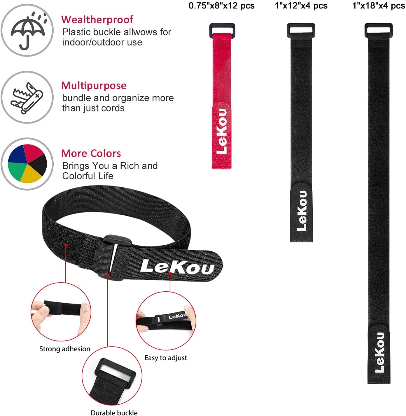 Reusable Fastening Cable Securing Straps and Cable Ties, 20 Pack (8" 12" 18") Nylon Adjustable Fastening Hook and Loop Straps Mixed Color