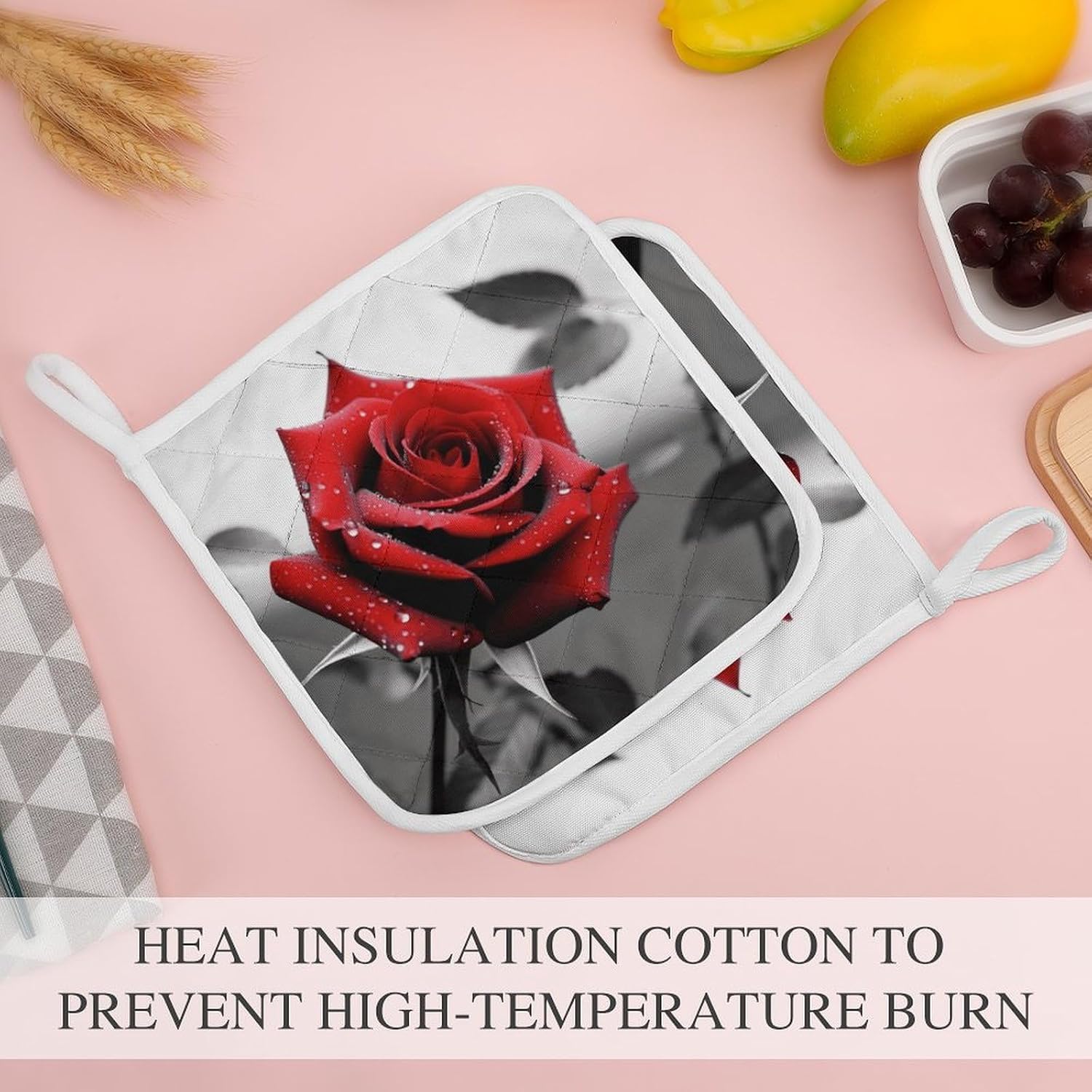 Black And White Red Rose Polyester Heat Resistant Pot Pad Non Slip Anti Scald Hot Dish Mat Reusable Table Protector for Kitchen Hot Pot Mat Wear Resistant Heat Proof Table Pad for Countertop Dining Ro