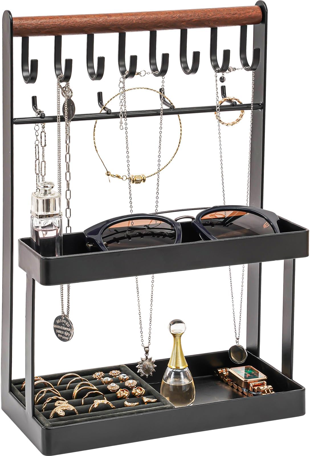 Lolalet Jewelry Organizer Stand Holder, 4-Tier Jewelry Tower Rack with 12 Hooks Place Jewelry Rings Necklaces Sunglasses for Entryway Dresser Vanity Bedside Tables -Black