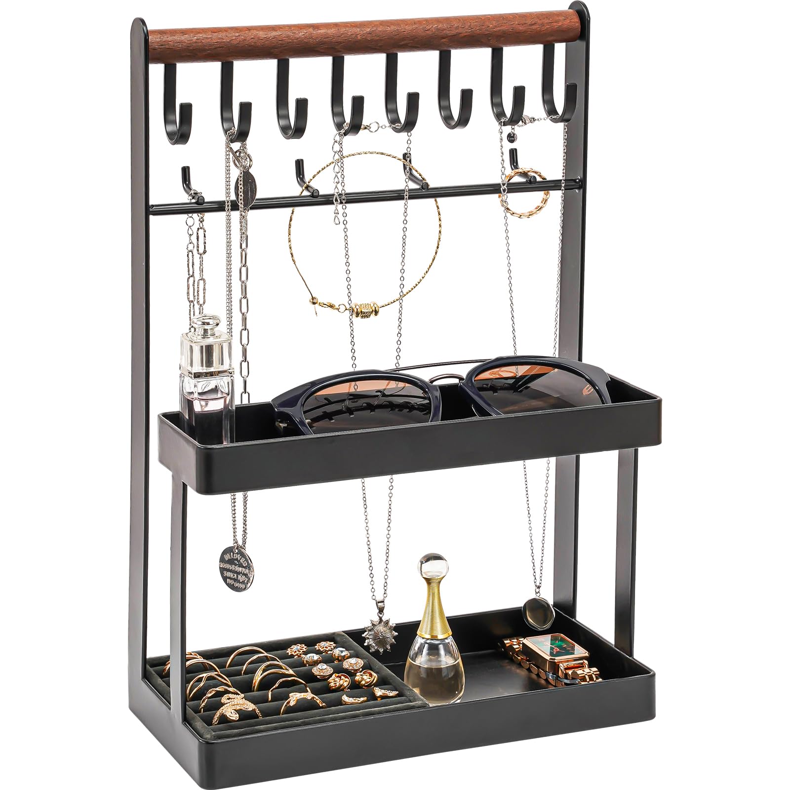 Lolalet Jewelry Organizer Stand Holder, 4-Tier Jewelry Tower Rack with 12 Hooks Place Jewelry Rings Necklaces Sunglasses for Entryway Dresser Vanity Bedside Tables -Black