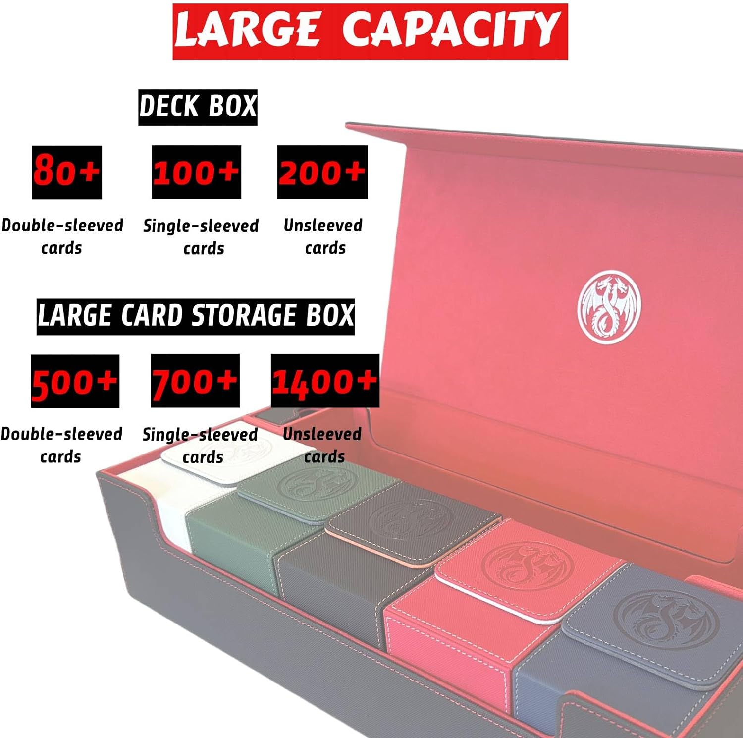 10 in 1 Commander Deck Box Set,for 2400+ Unsleeved Cards,Including Premium XLarge Trading Card Storage Box,5 PCS Deck Case Display,Gift Dice & Card Divider,Fit for MTG/TCG/Magic (Black & Red Set)