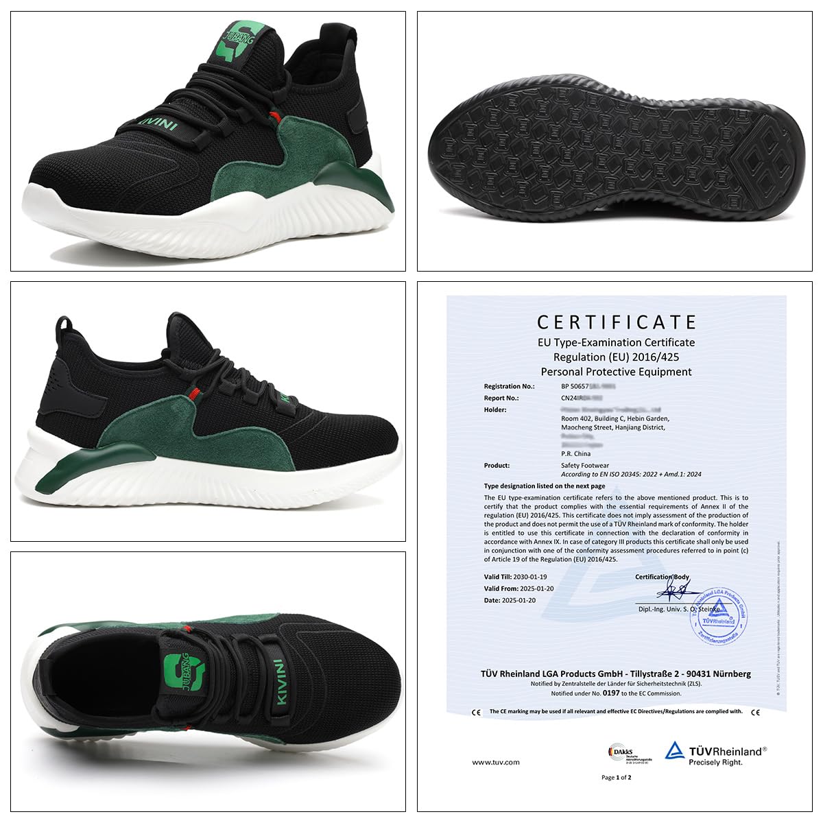 Męskie buty ochronne, damskie, buty robocze ze stalowym noskiem, lekkie, oddychające, stylowe, trekkingowe, czarny, zielony, 37 EU