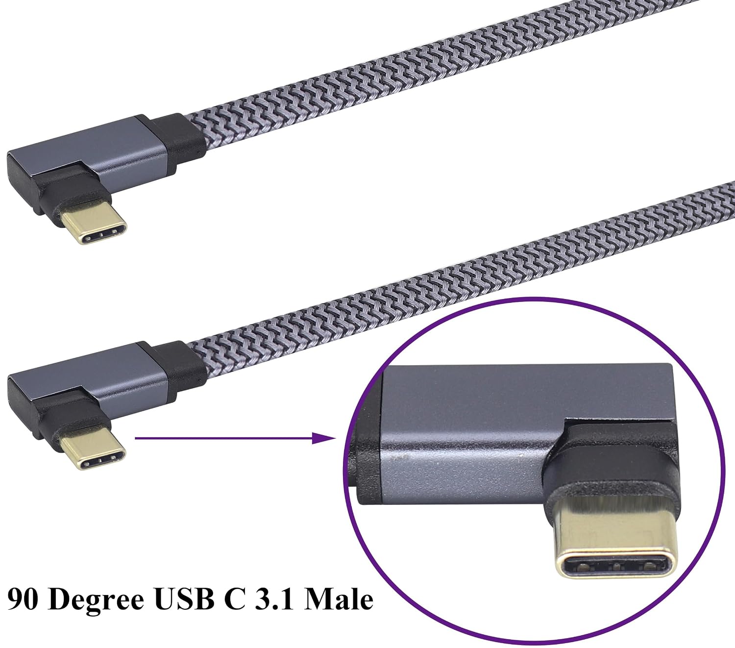 2Pack Right&Left Angle USB Type C 3.1 Flat Braided Cable,60W 3A 90 Degree Tpye C USB 3.1 Gen2 Male Fast Charging,Data,Audio,Video Cable for MacBook,Phone &More Type-C Devices(1M-M/M) image 3