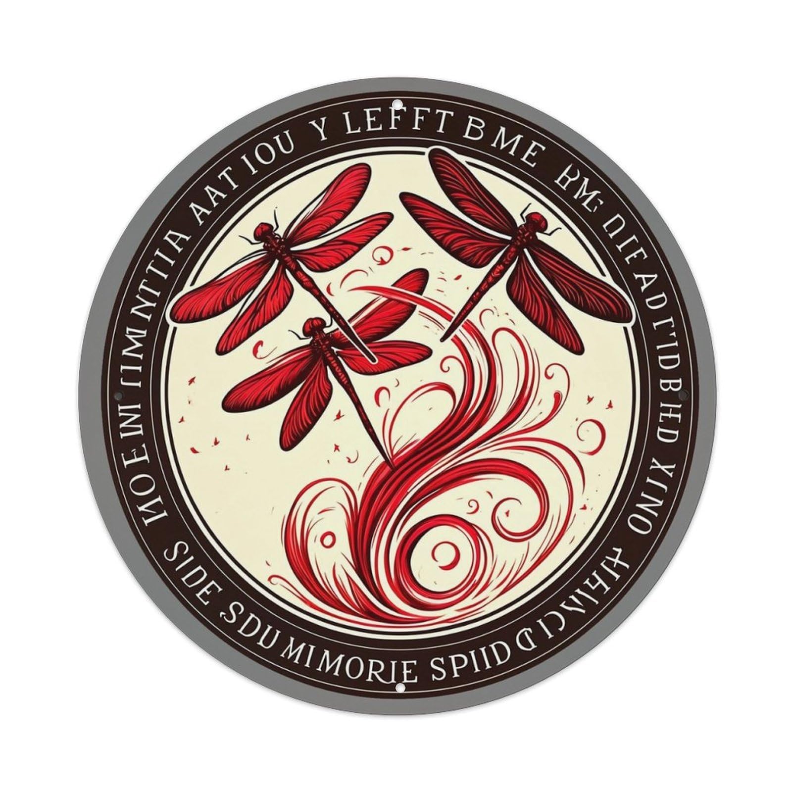 Dragonfly Swirl Red Art Design Vintage Round Tin Sign Retro Metal Wall Decor Metal Poster, Home Bar Garage Cafe Wall Art Decoration 8x8Inches