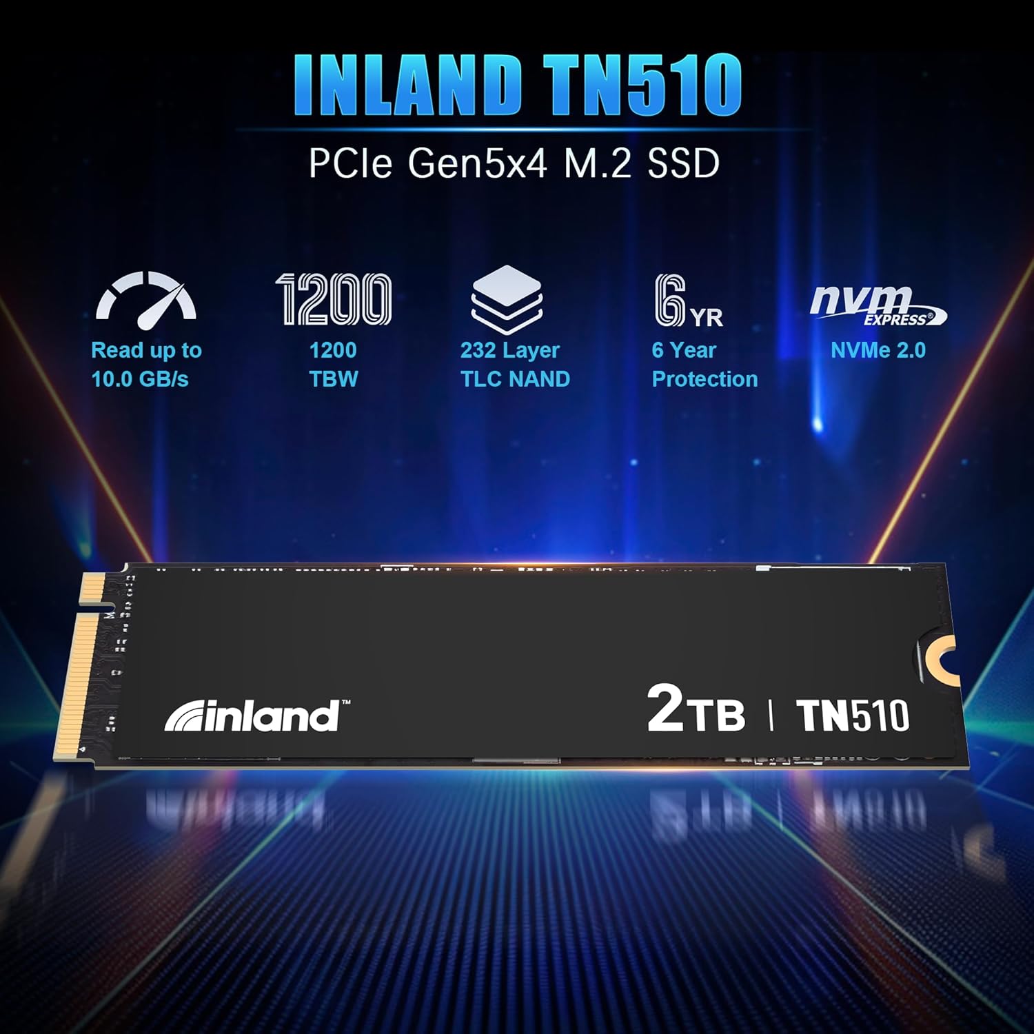 INLAND 2TB TN510 NVMe SSD Internal Solid State Drive - Gen 5x4, PCIe5.0 M.2 2280, seq. Read Speed up to 10,000 MB/s, for AI Applications, Gaming, and Video Editing
