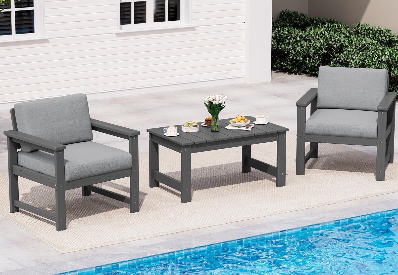 SERWALL 3 Pieces HDPE Outdoor Sofa Bistro Set with Cushions &amp; Coffee Table