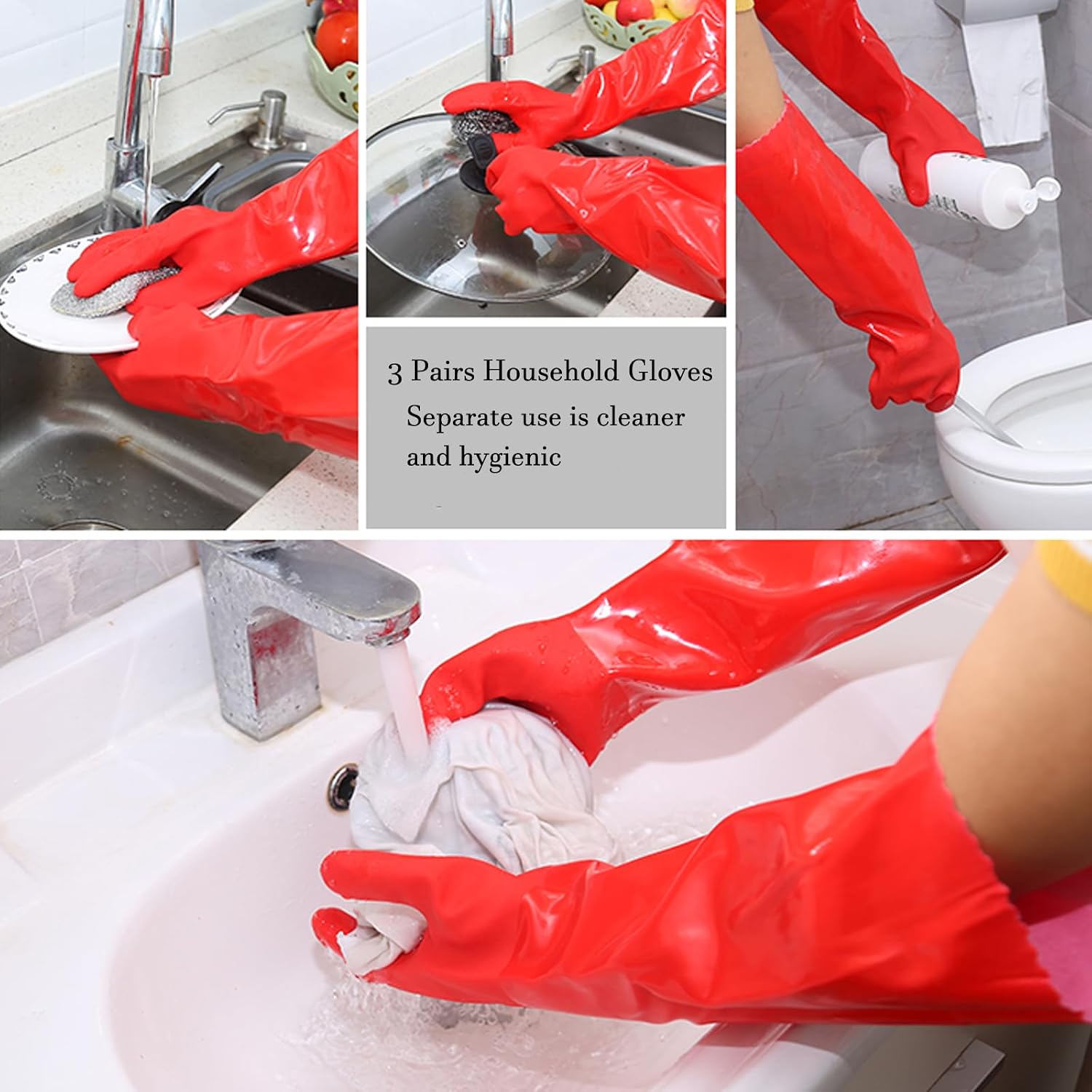 KAQ PVC Rubber Gloves with Cotton Lined: Anti-Slip Dishwashing Gloves 3 Pairs for Kitchen Washing Dishes - Heavy Duty Household for Working Painting Pet Care Handling Chemicals