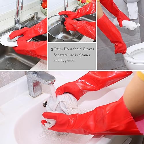 Miniatura 7 de KAQ Guantes de goma de PVC con forro de algodón guantes antideslizantes para lavar platos, 3 pares para lavar platos de cocina, hogar resistente