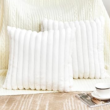 Throw Pillow Covers Decorative Faux Fur Set of 2 18x18 Inch Pillow Covers, Soft Cream White Striped Pillowcases for Couch Sofa Bed Living Room, Fluffy Cute Home Boho Accent Fuzzy Decor