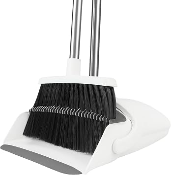 Broom and Dustpan Set, 52" Adjustable Handle Broom, White | Dustpan Self-Cleaning Teeth for Hair, 52" Long Handle Standing dustpan,Suitable for Home Kitchen Office Hall Floor