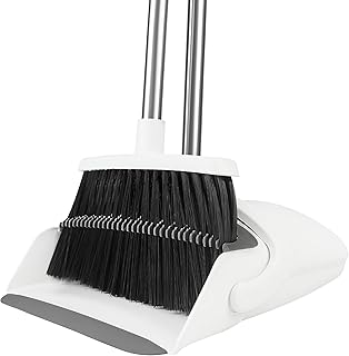 Broom and Dustpan Set, Broom with Dustpan Combo Set for Home Commercial Cleaning Supplies Angle Broom with Long Handle Perfect for Courtyard Garage Street (White)
