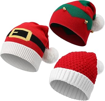 Chivao 3 Pcs 2025 Christmas Santa Elf Beanie Hat Winter Knitted Crochet Santa Xmas Hat with Pompom for Adults Women Men Gift