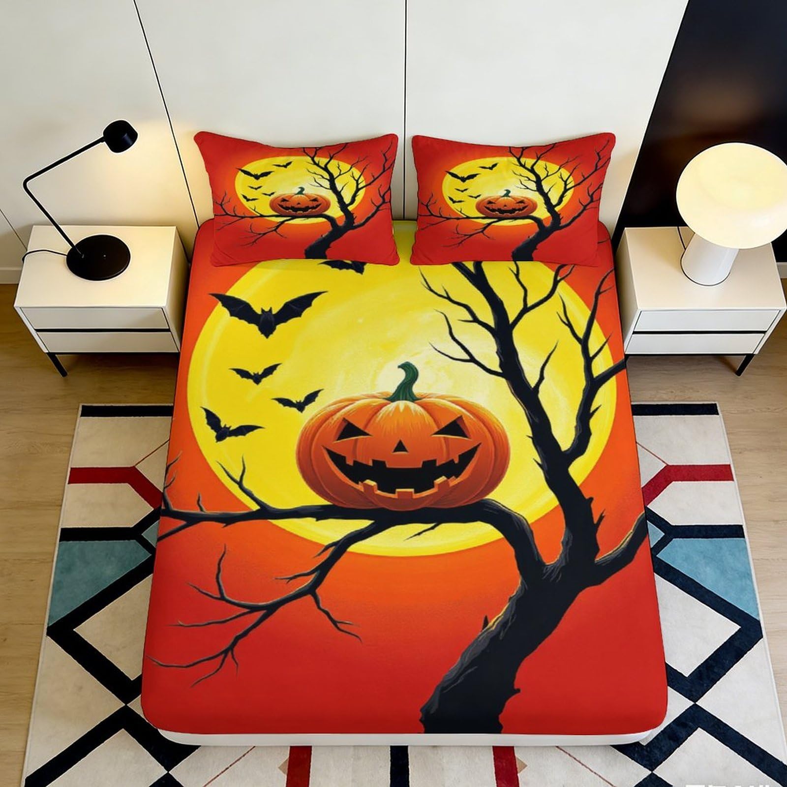 3D Printed Halloween Pumpkin Fitted Sheet Microfiber Orange Moon Bat Mattress Cover for Bedroom Guest Room Decor 90x200x25cm